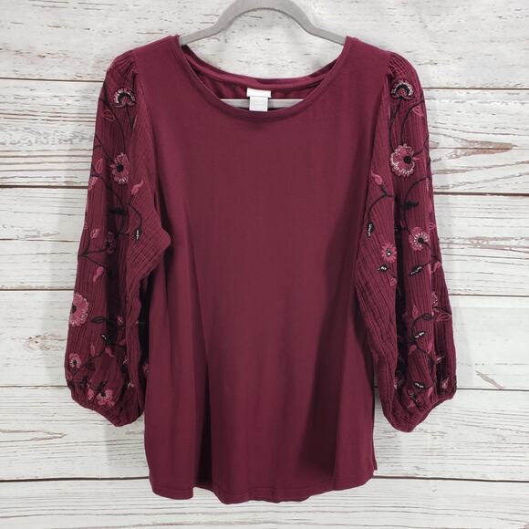Chico's Women's Burgundy Floral Embroidery Long Sleeve Top Size 3 - Picture 2 of 12